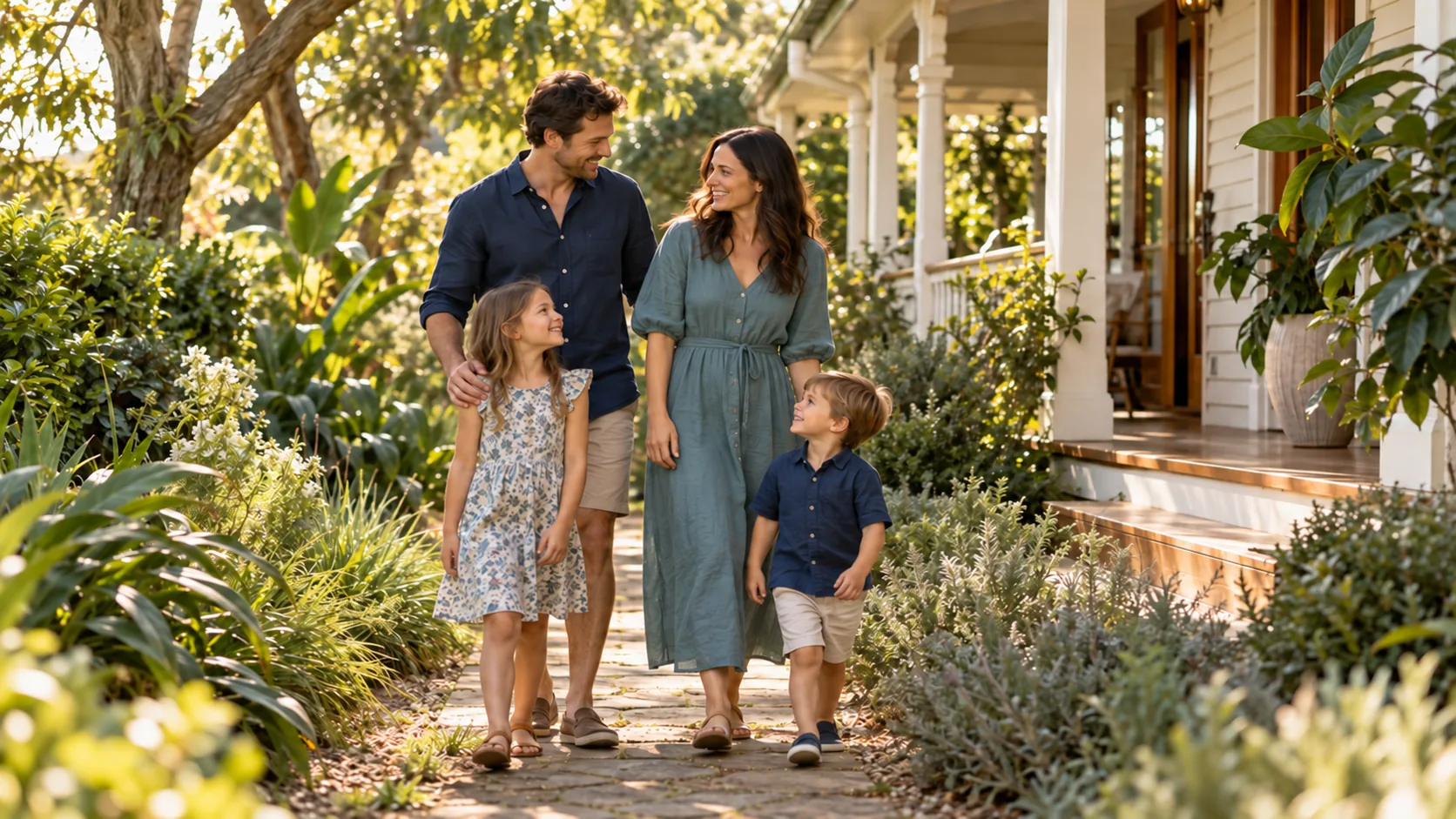 Young family walking together along a leafy path beside their home.