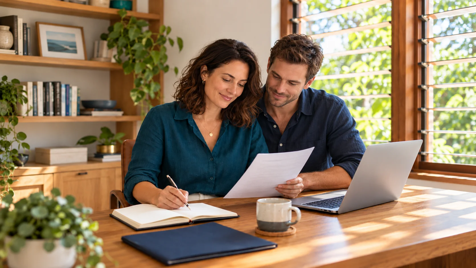 Young couple reviewing paperwork and making notes together at a home-office desk