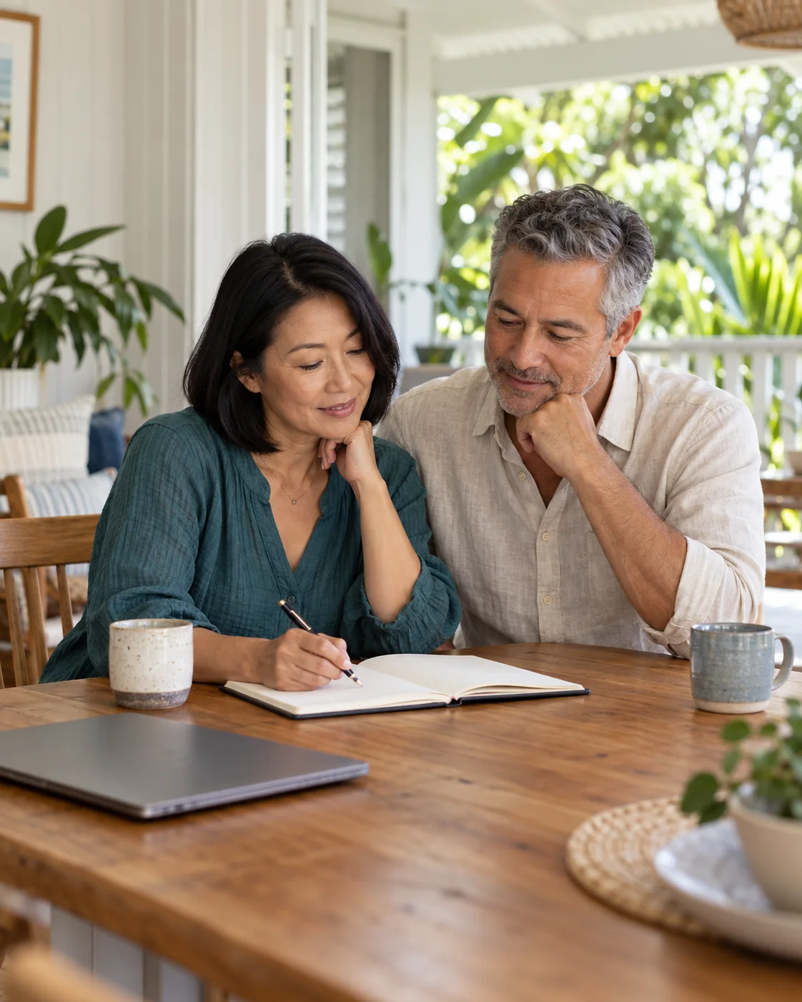 Couple planning together at a sunlit dining table