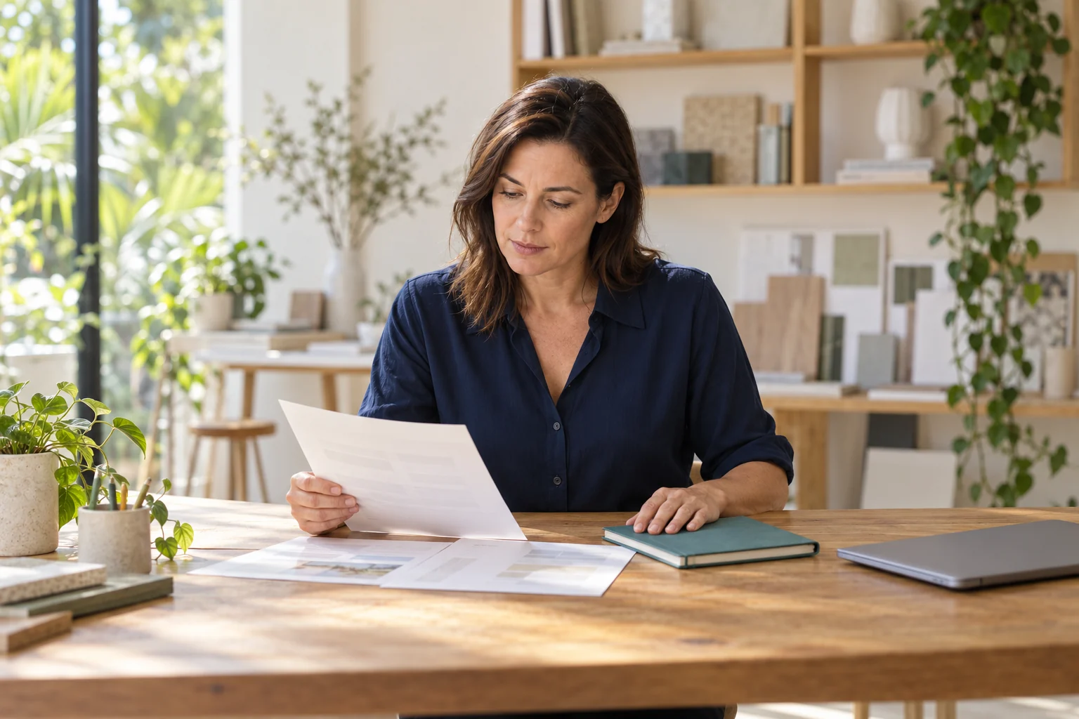 Business owner reviewing financial planning documents in a bright workspace.