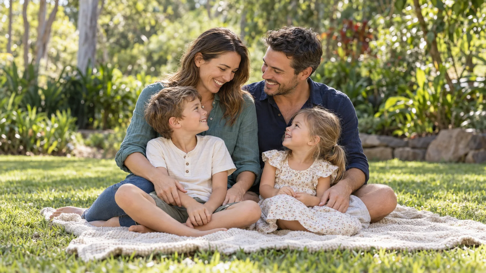 Young parents smiling with their two children on a picnic rug in a leafy garden.